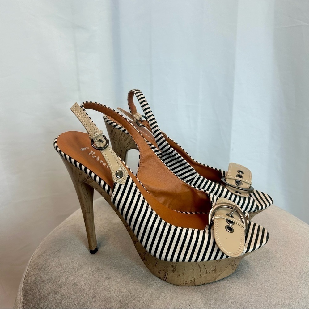 Fahrenheit black white striped buckle Slingback platform stiletto high heels 8.5